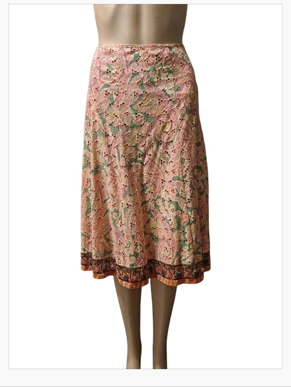 Cynthia Steffe Pink and Green Lace-Overlay Midi Skirt
